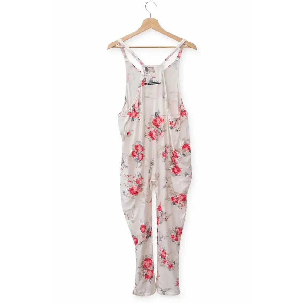Boho Floral Romper XL Cream Pink Coquette Sleeveless Pocket Cottagecore Spring - Picture 3 of 8